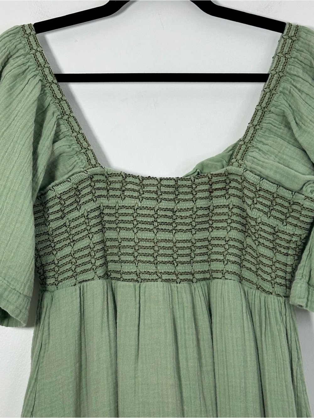 Free People Women’s Small Sage Green Smocked Babydoll Mini Dress Boho - Picture 4 of 10